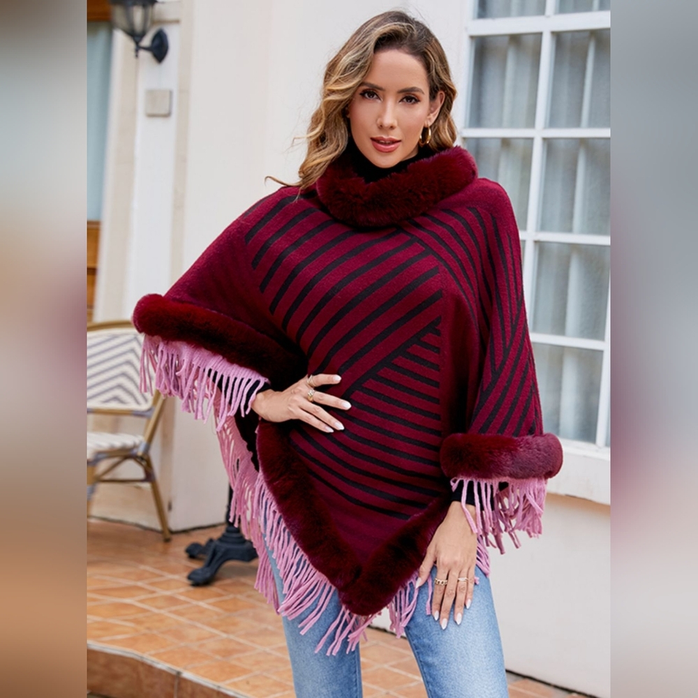 Plush Faux Fur Retro Fringe Stripe Pullover Oversized Warm Knit Poncho Cardigan - Picture 2 of 14